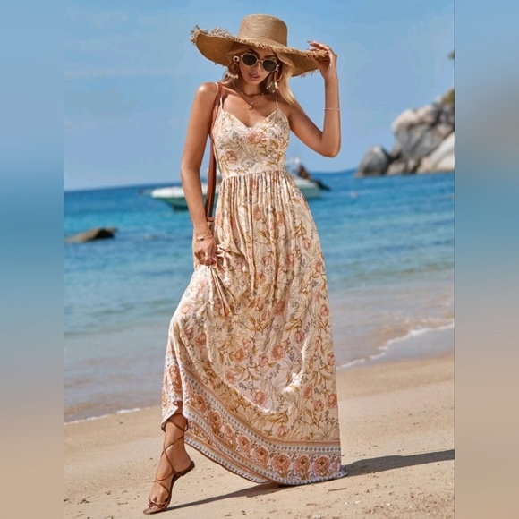 New Boho Floral Maxi Cami Dress Sundress Pink Cream Beige - Picture 4 of 7